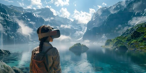 Canvas Print - Immersive Virtual Reality of Remote Scenic Mountain and Lake Landscape