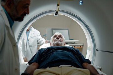 Aufkleber - Man going into CT scanner. CT scan technologist overlooking patient in Computed Tomography scanner during preparation for procedure