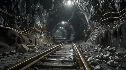 Poster - Underground mine with tracks and wagons for coal mining, view of a tunnel in an old abandoned gold or silver mine. Interior. stone cave. Generative AI.