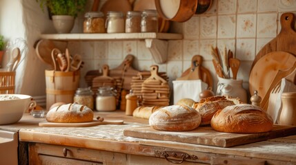 Poster - A cozy kitchen countertop overflowing with an assortment of freshly baked breads, inviting a warm and homely ambiance. Generative AI