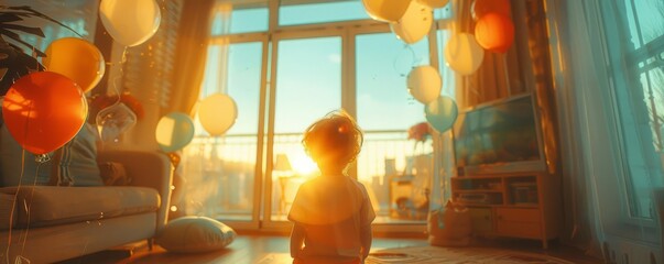 A poignant scene of a childs birthday party held indoors with air purifiers running, while outside is a hazy landscape