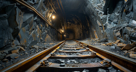 Poster - Underground mine with tracks and wagons for coal mining, view of a tunnel in an old abandoned gold or silver mine. Interior. stone cave. Generative AI.