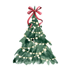 christmas tree with festive red bow decoration on top and shining garland lights watercolor illustra