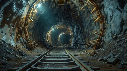 Poster - Underground mine with tracks and wagons for coal mining, view of a tunnel in an old abandoned gold or silver mine. Interior. stone cave. Generative AI.