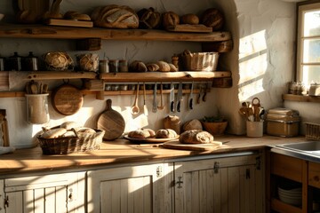 Aufkleber - A cozy kitchen filled with an abundance of freshly baked bread lining the shelves, creating a warm and inviting atmosphere. Generative AI