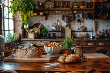 Poster - A cozy kitchen setting with various types of freshly baked bread displayed on a table, inviting viewers to indulge in the delicious homemade culinary creations. Generative AI