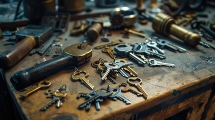 The close up picture of the wood table in the workshop that has been filled with lock, key, and tool, the locksmith require skill like locks knowledge,experience, technique and time management. AIG43.