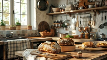 Poster - A cozy kitchen counter filled with an abundance of freshly baked bread loaves, rolls, and baguettes. Generative AI