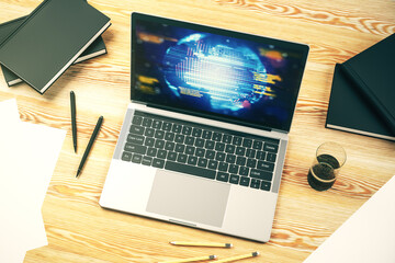 Aufkleber - Abstract creative coding concept with world map on modern laptop screen. 3D Rendering