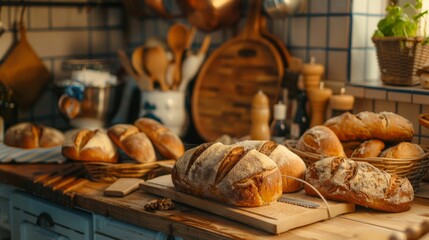 Poster - Several baskets of freshly baked bread are arranged on a wooden table in a warm and inviting kitchen. Generative AI