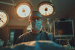 A surgeon is performing a procedure in a hospital. The lights are bright and the room is sterile. The surgeon is wearing a mask and a white coat