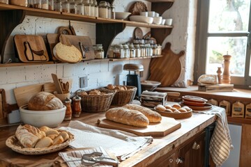 Poster - A cozy kitchen counter overflowing with a variety of freshly baked bread loaves and rolls. Generative AI