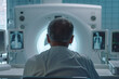 A man in a white lab coat is looking at a CT scan of a patient's head. Concept of concern and professionalism as the doctor examines the results