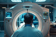 A man in a white lab coat is looking at a CT scan of a patient's head. Concept of concern and professionalism as the doctor examines the results