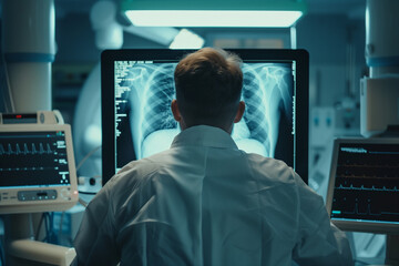 Aufkleber - A man in a white lab coat is looking at a computer screen with a picture of a man's chest on it
