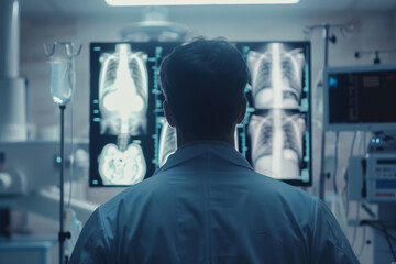 Aufkleber - A man in a white lab coat is looking at a computer screen with a picture of a man's chest on it