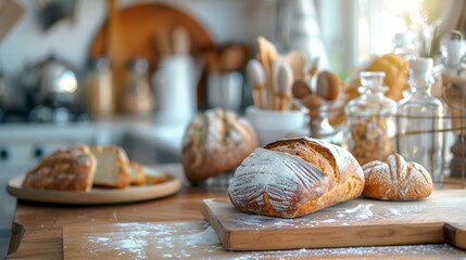 Aufkleber - Freshly baked artisan bread is resting on a bamboo cutting board in a warm, cozy kitchen setting. Generative AI