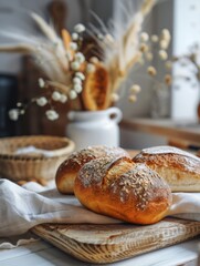 Poster - A variety of freshly baked breads are artfully arranged on a wooden cutting board in a cozy kitchen setting. Generative AI