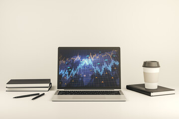 Poster - Modern computer monitor with abstract creative financial chart with world map, research and strategy concept. 3D Rendering
