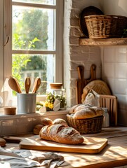 Poster - A cozy kitchen filled with the warm glow of sunlight streaming through the window, showcasing freshly baked bread resting on a wooden cutting board. Generative AI