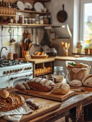 Poster - A cozy kitchen with a variety of homemade breads spread out on a table, showcasing an array of delicious baked goods. Generative AI