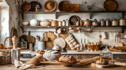 Poster - A cozy kitchen filled with an abundance of homemade bread and various culinary items. Generative AI