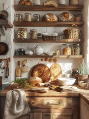 Aufkleber - Shelves in a cozy kitchen are filled to the brim with homemade bread and other delectable treats, creating a warm and inviting atmosphere. Generative AI