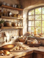 Aufkleber - A cozy kitchen bursting with an abundance of delicious food, including homemade bread products, all set against a backdrop of warmth and comfort. Generative AI