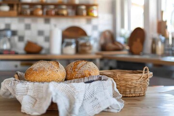 Poster - Two baskets filled with freshly baked bread sit atop a wooden table in a cozy kitchen. Generative AI