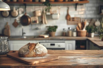 Aufkleber - A freshly baked loaf of bread rests on a sturdy, wooden table in a cozy kitchen setting, emanating warmth and comfort. Generative AI