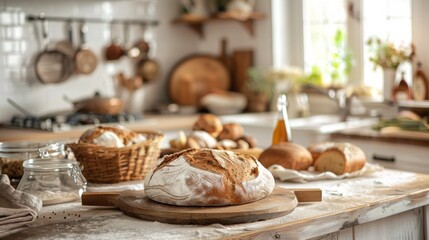 Aufkleber - A cozy kitchen setting with an abundance of various types of homemade bread displayed on the counter. Generative AI