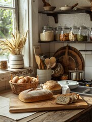 Poster - A wooden cutting board filled with slices of fresh bread, butter, herbs, and a knife set against a cozy kitchen background. Generative AI