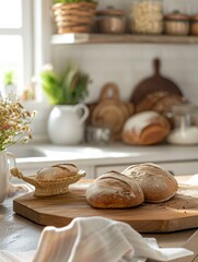 Poster - A freshly baked loaf of bread sits on a weathered wooden cutting board in a cozy kitchen setting. Generative AI