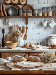 Poster - A cozy kitchen countertop overflowing with an assortment of freshly baked bread loaves, rolls, and buns. Generative AI