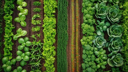 Wall Mural - A garden with many different types of vegetables including broccoli, lettuce, and cabbage. The garden is full of green plants and is well-maintained