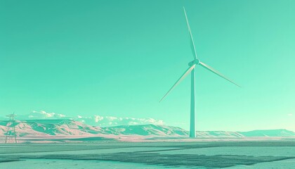 A sleek wind turbine painted white, against a mint green sky, symbolizing renewable energy in a serene setting