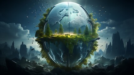 a digital painting of earth with a shield protecting it from the impacts of climate change for earth