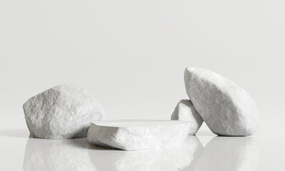 Fototapete - White stone podium, Cosmetic display product stand on white background. 3D rendering	

