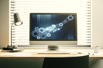 Aufkleber - Creative abstract robotics technology hologram on modern computer monitor, artificial intelligence and machine learning concept. 3D Rendering