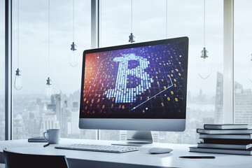 Poster - Creative Bitcoin concept on modern laptop screen. 3D Rendering