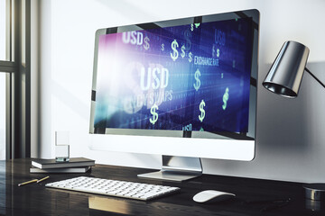 Aufkleber - Creative concept of USD symbols illustration on modern laptop screen. Trading and currency concept. 3D Rendering