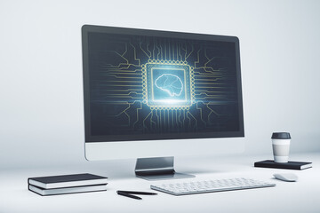 Poster - Modern computer display with creative human brain microcircuit. Future technology and AI concept. 3D Rendering