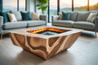 © Yasir - The floating hearth of the modern fireplace is crafted from a combination of wood and concrete creating a unique and eyecatching feature in the room, Ai Generate