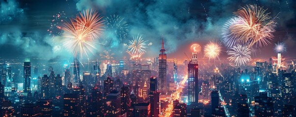 Sticker - Breathtaking Cityscape Ablaze with Vibrant Fireworks Celebrating a Joyous Urban Festival in the Bustling Business District