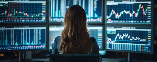 Poster - Focused Woman Analyzing Financial Data on Multiple Monitors for Strategic Business Planning