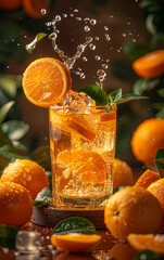 Wall Mural - Fresh orange juice splashing into glass and fresh oranges on wooden table