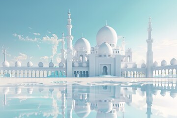 Mosque on blue background. Holy month Ramadan Kareem or Ramazan Kareem.