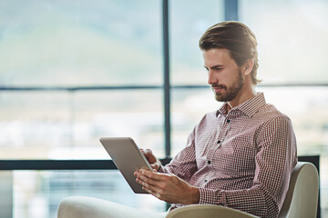 Aufkleber - Businessman, online and office work on tablet for investment, digitalization and workflow of tasks or project management. Man, entrepreneur and internet for efficiency, research and business site.
