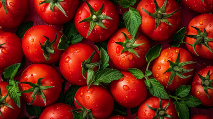 Wall Mural - Close-up of red tomatoes with leaves. Juicy tomatoes. Top view of bright ripe aromatic tomatoes. Vegetables concept.