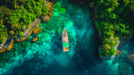 Wall Mural - Aerial view of a lone boat cruising the clear, turquoise waters near lush green islands